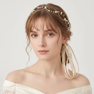 Elegant minimalist bridal pearl headband with ribbon for wedding hairstyle detail view