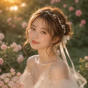 Close-up of elegant pearl bridal headband with white ribbon in a garden setting