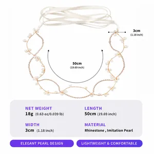 Detailed view of elegant bridal pearl headpiece with ivory ribbon and sparkling rhinestone