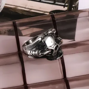 Vintage gothic punk skull and dragon head stainless steel statement ring for men