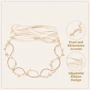 Detail of bridal hairband with elegant pearls, rhinestones and adjustable ribbon