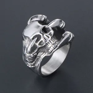 Vintage punk gothic skull stainless steel ring for men with highly detailed engraving