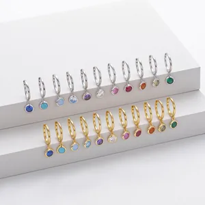 Orecchini a cerchio in argento sterling S925 con ciondoli a pietra portafortuna rotondi
