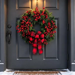 Christmas Wreath With Red Berries Artificial Pine Needles Buffalo Plaid Bow For Front Door Wall Holiday Party Decor