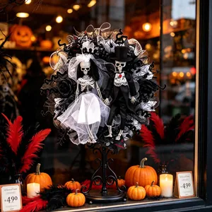 Halloween spooky wedding wreath featuring skeleton bride and groom with black mesh