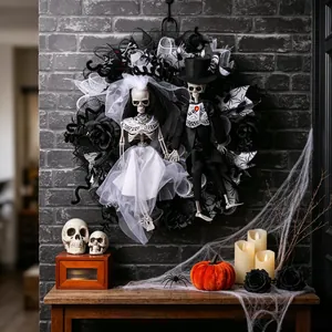Gothic Halloween wedding wreath featuring skeleton bride and groom for door decor