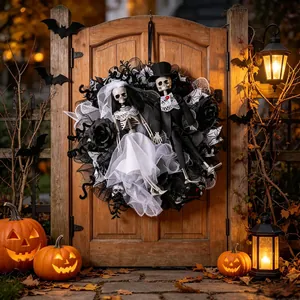 Halloween skeleton bride and groom wedding wreath with mesh and black roses for front door.