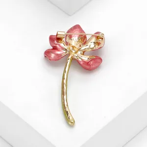 Elegant pink enamel lotus flower brooch with golden stem for women