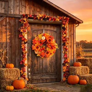 Autumn harvest wreath and maple leaf garland set on rustic wooden barn door at sunset