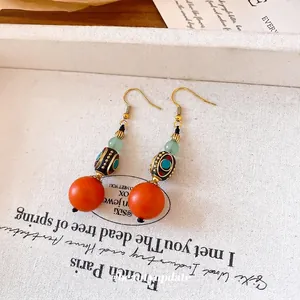 Retro ethnic style resin bead drop earrings with gold-finish hooks for women jewelry