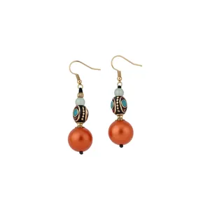 Handmade retro ethnic polymer clay resin drop earrings with orange beads for women