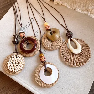 Vintage Ethnic Raffia Woven Pendant Necklace Women Handmade Wood Bead Resin Geometric Bohemian Long Sweater Chain Jewelry