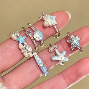 Oceaan Thema Zeester Parel Emaille Open Ring Voor Vrouwen Verstelbaar Strand Vakantiestijl Zeeschelp Strass Ingelegde Sieraden Accessoire