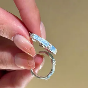 Detailopname van zilverkleurige ringen met blauwe emaille sterren en zirkoon accenten