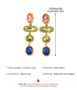 Detailed view of colorful geometric crystal drop earrings with measurements and specs.