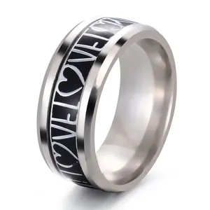 Minimalist stainless steel ring for men with LOVE and heart pattern engraving detail