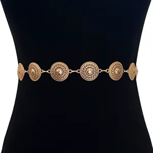 Elegant vintage bohemian gold metal waist chain belt for dresses featuring carved disks