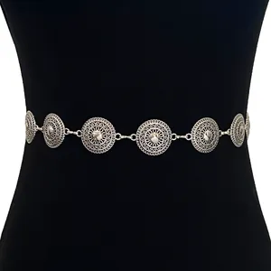 Retro bohemian silver metal waist chain belt featuring ornate filigree circular medallions