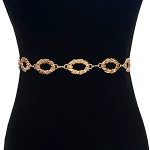Vintage bohemian gold metal chain belt featuring twisted oval links for women's dress