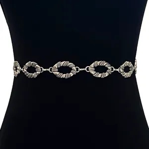Vintage silver bohemian metal chain belt with oval links for dresses and denim jeans