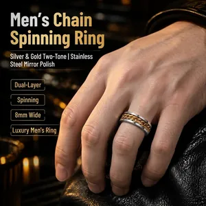 Men's two-tone stainless steel rotating chain ring, 8mm wide polished band on hand