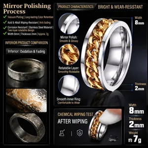 Men's 8mm stainless steel rotatable chain spinner ring in gold and silver finish