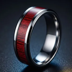 Vintage Stainless Steel Wood Grain Inlay Ring For Men Cool Minimalist Dragon Pattern Band Ring Niche Fashion Jewelry Accessory Party Gift