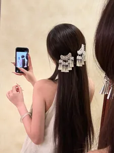 Vue détaillée d'une pince à cheveux ethnique à franges argentées sur de longs cheveux noirs