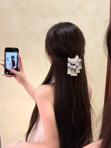 Détail montrant une pince à cheveux ethnique argentée avec des glands sur cheveux longs