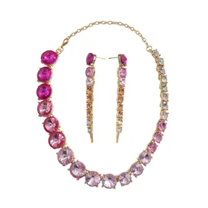 Pink gradient round crystal necklace and earrings jewelry set in gold-tone finish