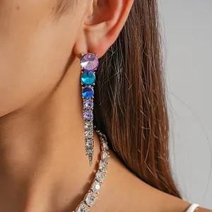 Detailed view of colorful gradient rhinestone dangling earring and matching necklace