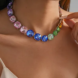 Detailed view of vibrant gradient round crystal choker necklace for elegant dopamine look