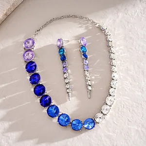 Luxury gradient round crystal jewelry set featuring blue and purple rhinestones