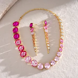 Exquisite pink gradient rhinestone necklace and matching long earrings jewelry set