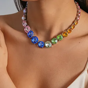 Detailed view of vibrant multi-colored gradient round crystal choker necklace on model.