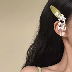 Detailed close-up view of a Chinese style floral hair clip with silver tassels