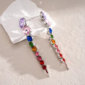 Exquisite colorful dopamine gradient rhinestone long tassel drop earrings in silver finish