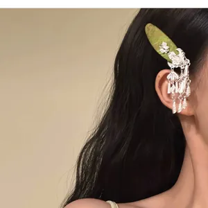Close-up of a Chinese-style hair clip with silver tassels and flower on an Asian model