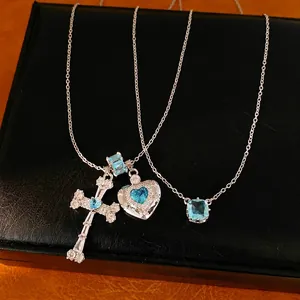 Light Luxury Blue Zirconia Cross Heart Geometric Pendant Necklace Silver Plated Copper Collarbone Chain For Women Jewelry