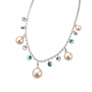 Elegant necklace featuring pearls and colorful zircon tassels on a clean white background.