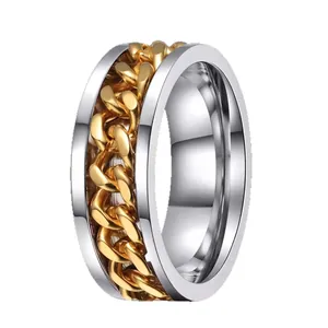 Rotierbarer Ring aus Titanstahl mit goldener Kette für Hip-Hop und Stressbewältigung