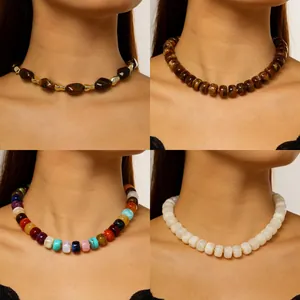 Showcasing four styles of colorful dopamine beaded necklaces for summer beach fashion
