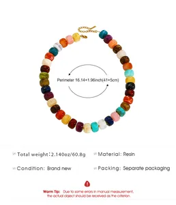 Detail view of colorful resin beaded necklace with weight and material specifications.