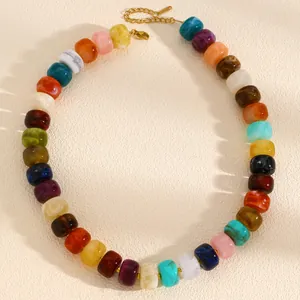 Vibrant dopamine style colorful beaded rainbow necklace perfect for summer beach fashion wear.