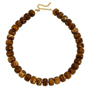 Chunky marbled brown and white beaded necklace with adjustable gold chain