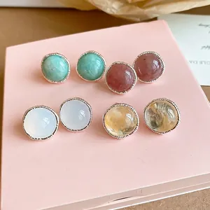 Vintage Round Agate Stud Earrings Light Luxury Small Circle Geometric Stone Earrings For Women Silver Earring Post Copper Inlaid Jewelry