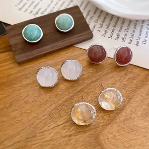 Retro round agate stone stud earrings in multiple colors for a light luxury aesthetic
