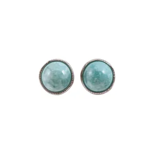 Elegant retro silver stud earrings with round light blue agate stone and engraved frame
