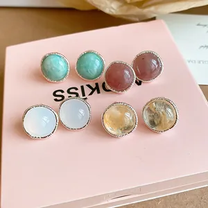 Vintage style round agate and colored stone stud earrings in various soft pastel colors