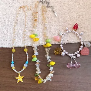 Stile Vacanza Estiva Bracciale E Collana Perlinato in Resina Perle Artificiali Pendente Frutta Fragola Limone Stella Cuore Collana E Bracciale da Donna